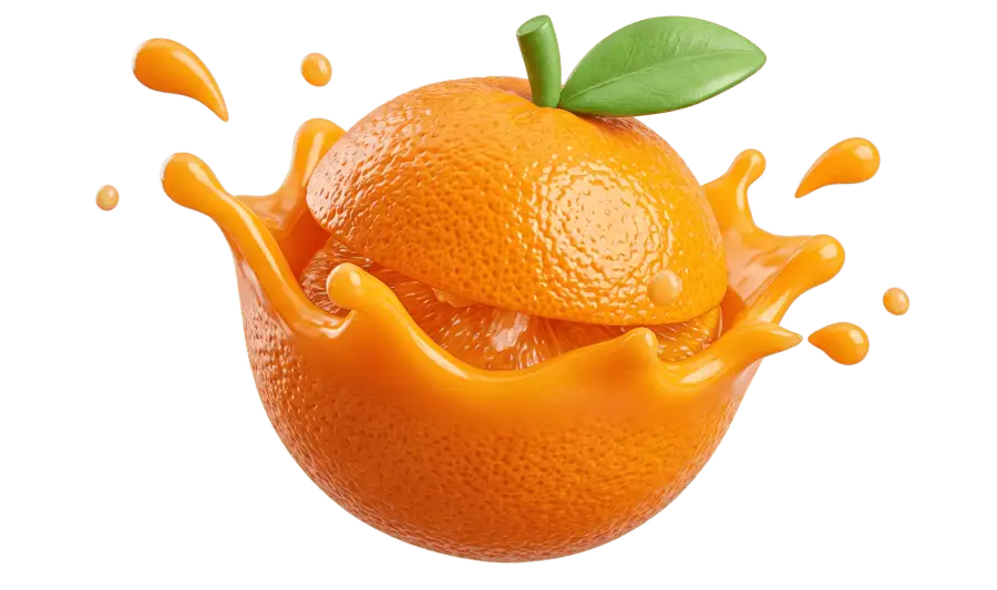Ilustração 3D de laranja cortada ao meio com splash de suco e fundo transparente