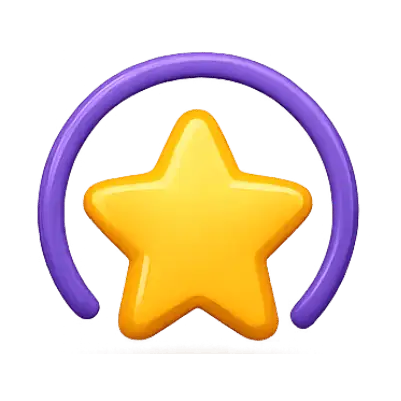Ícone 3D de estrela dourada cercada por um arco roxo com fundo transparente