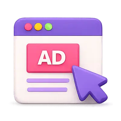 Ícone 3D de janela de navegador com anúncio AD e cursor de mouse em fundo transparente